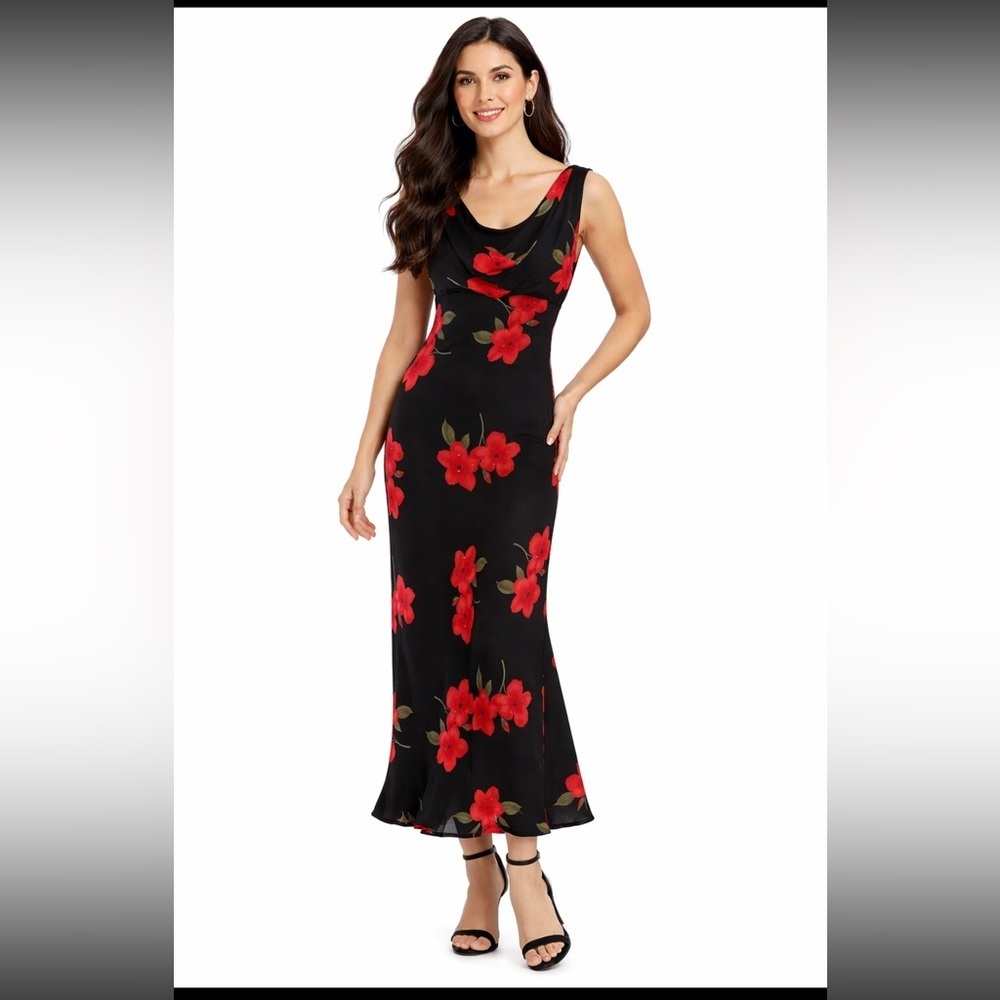 BETSY & ADAM Women's Red/Black Floral w/rhinestones sleeveless SZ 6 Maxi Dress